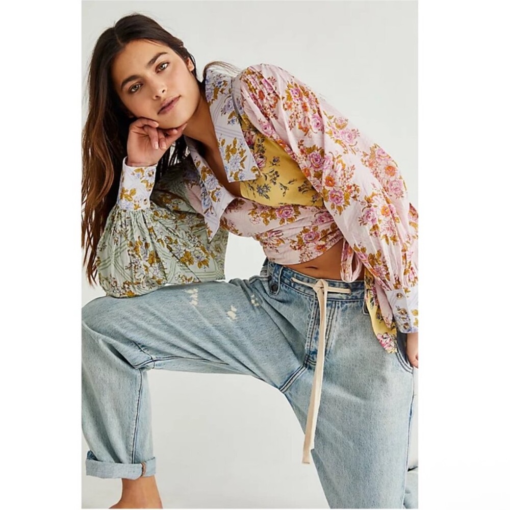Free People Pastel Floral Mixed-Print Blouse in Pink, Yellow, Green